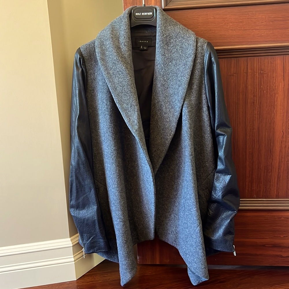 Theory Wool/Cashmere Shawl Collar Wrap Coat with Leather Sleeves